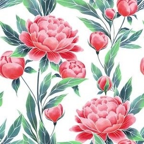 Pattern with red peony flowers