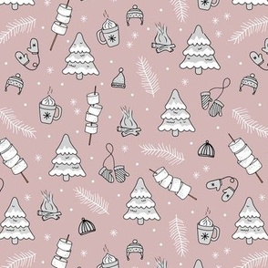 Little Christmas winter picnic with mashmellows bbq fire and hot chocolate drinks white gray freehand outlines on mauve rose blush