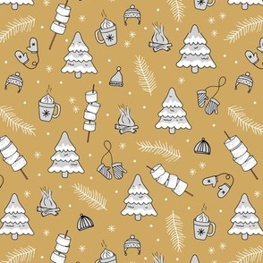 Little Christmas winter picnic with mashmellows bbq fire and hot chocolate drinks white gray freehand outlines on mustard yellow