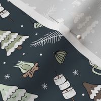 Little Christmas winter picnic with mashmellows bbq fire and hot chocolate drinks mint green gray on navy blue