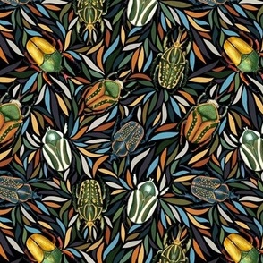 Whimsical  Gothic Tropical Bugs Naturalistic Print with Stylized Leaves on Black Scene Nature