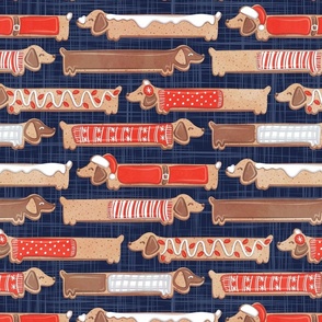Normal scale // Sweet pawlidays! // navy blue linen texture background gingerbread cookie dachshund dog puppies wearing neon red Christmas and winter clothes