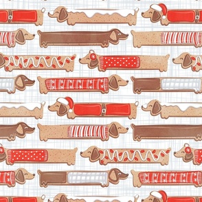 Normal scale // Sweet pawlidays! // white and grey linen texture background gingerbread cookie dachshund dog puppies wearing neon red Christmas and winter clothes