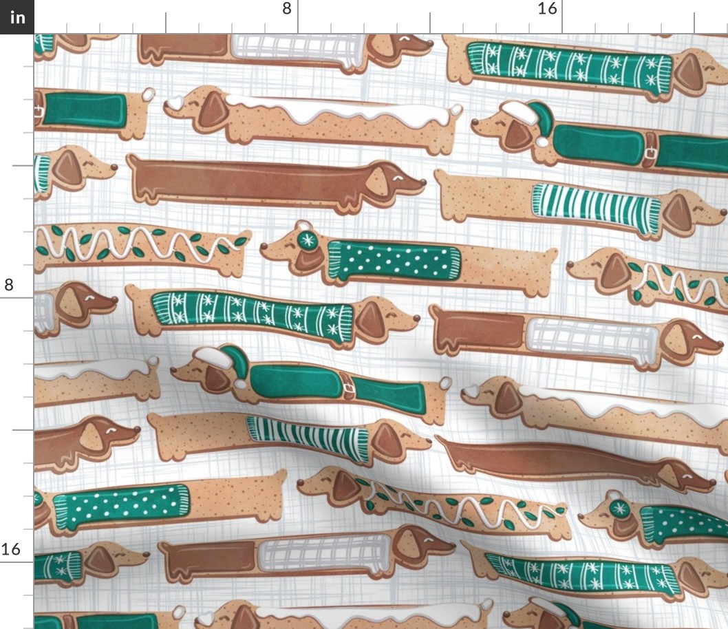 Normal scale // Sweet pawlidays! // white and grey linen texture background gingerbread cookie dachshund dog puppies wearing pine green Christmas and winter clothes