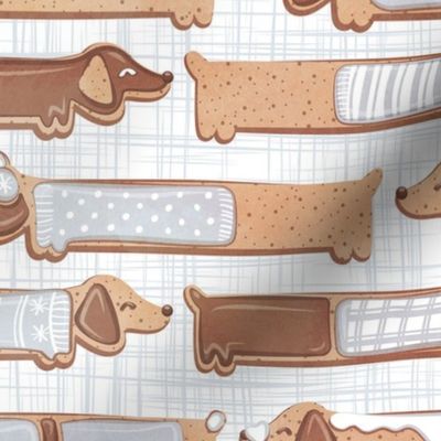 Normal scale // Sweet pawlidays! // white and grey linen texture background gingerbread cookie dachshund dog puppies wearing grey Christmas and winter clothes