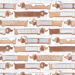 Normal scale // Sweet pawlidays! // white and grey linen texture background gingerbread cookie dachshund dog puppies wearing grey Christmas and winter clothes