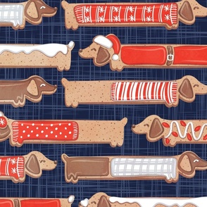 Large jumbo scale // Sweet pawlidays! // navy blue linen texture background gingerbread cookie dachshund dog puppies wearing neon red Christmas and winter clothes