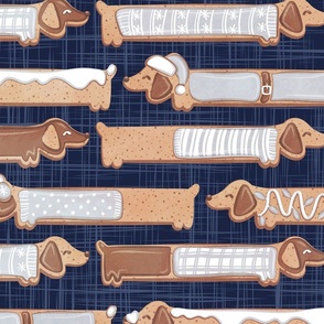 Large jumbo scale // Sweet pawlidays! // navy blue linen texture background gingerbread cookie dachshund dog puppies wearing grey Christmas and winter clothes