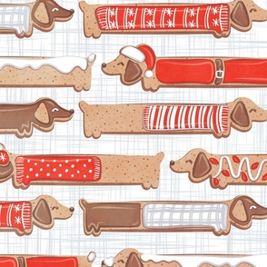 Large jumbo scale // Sweet pawlidays! // white and grey linen texture background gingerbread cookie dachshund dog puppies wearing neon red Christmas and winter clothes