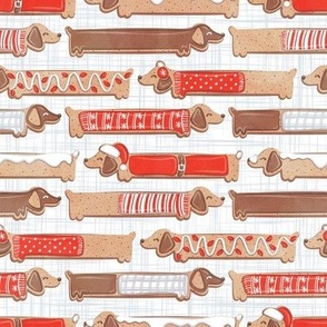 Small scale // Sweet pawlidays! // white and grey linen texture background gingerbread cookie dachshund dog puppies wearing neon red Christmas and winter clothes