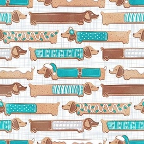 Small scale // Sweet pawlidays! // white and grey linen texture background gingerbread cookie dachshund dog puppies wearing turquoise Christmas and winter clothes