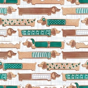 Small scale // Sweet pawlidays! // white and grey linen texture background gingerbread cookie dachshund dog puppies wearing pine green Christmas and winter clothes