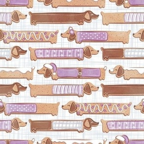 Small scale // Sweet pawlidays! // white and grey linen texture background gingerbread cookie dachshund dog puppies wearing violet Christmas and winter clothes