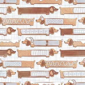 Small scale // Sweet pawlidays! // white and grey linen texture background gingerbread cookie dachshund dog puppies wearing grey Christmas and winter clothes