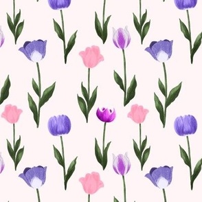 Sweet Tulips - Purple, Violet and Pink Spring Flowers on a light pink background