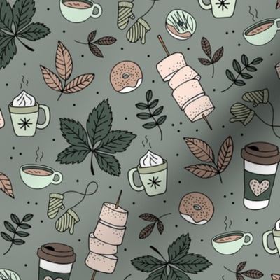 Autumn picnic camping with pumpkin spice coffee and hot chocolate donuts and marshmellow  fall day in the park moody forest green mint beige on sage grey
