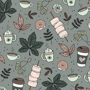 Autumn picnic camping with pumpkin spice coffee and hot chocolate donuts and marshmellow  fall day in the park moody forest green mint beige on sage grey