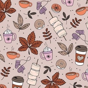 Autumn picnic camping with pumpkin spice coffee and hot chocolate donuts and marshmellow  fall day in the park orange rust pink lilac on blush beige