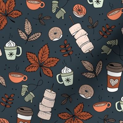 Autumn picnic camping with pumpkin spice coffee and hot chocolate donuts and marshmellow  fall day in the park orange rust mint on navy blue