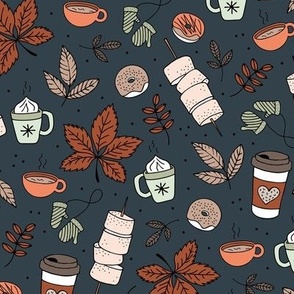 Autumn picnic camping with pumpkin spice coffee and hot chocolate donuts and marshmellow  fall day in the park orange rust mint on navy blue