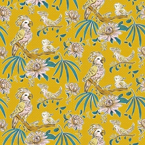 cockatoo  & baby parrots  on yellow vintage mustard tropical  jungle _ medium scale