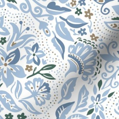 Victorian Blue Flora Damask Wallpaper