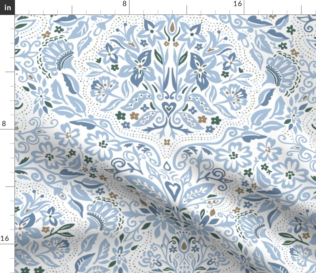 Victorian Blue Flora Damask Wallpaper