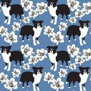 Border Collie Dog puppy small print Magnolia white flowers blue denim floral dog fabric