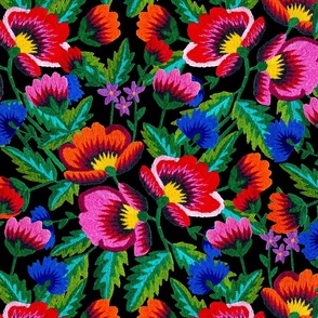 Grandmommy Flowering Bouquet - Poppy Cornflower Violet - Green Leaves - Blossom - Satin Stitch Obereg Folk Embroidery - Large v. #2 on Black