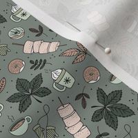 Autumn picnic camping with pumpkin spice coffee and hot chocolate donuts and marshmellow  fall day in the park moody forest green mint beige on sage grey SMALL