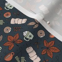 Autumn picnic camping with pumpkin spice coffee and hot chocolate donuts and marshmellow  fall day in the park orange rust mint on navy blue SMALL