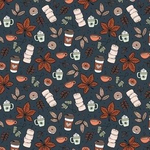 Autumn picnic camping with pumpkin spice coffee and hot chocolate donuts and marshmellow  fall day in the park orange rust mint on navy blue SMALL