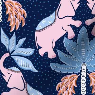 elephants/pink on dark blue/large