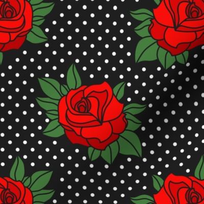 Mid-century modern retro Tattoo roses red green polka dots