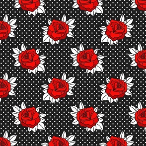 Retro Tattoo roses red white polka dots black MCM Wallpaper