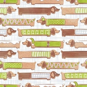Small scale // Sweet pawlidays! // white and grey linen texture background gingerbread cookie dachshund dog puppies wearing limerick green Christmas and winter clothes
