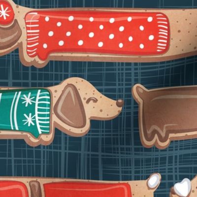 Large jumbo scale // Sweet pawlidays! // nile blue linen texture background gingerbread cookie dachshund dog puppies wearing neon red and pine green Christmas and winter clothes