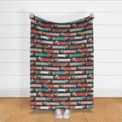 Large jumbo scale // Sweet pawlidays! // nile blue linen texture background gingerbread cookie dachshund dog puppies wearing neon red and pine green Christmas and winter clothes