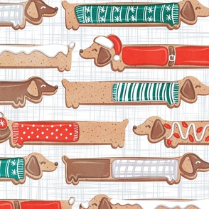 Large jumbo scale // Sweet pawlidays! // white and grey linen texture background gingerbread cookie dachshund dog puppies wearing neon red and pine green Christmas and winter clothes
