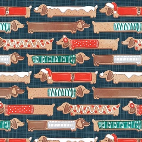 Normal scale // Sweet pawlidays! // nile blue linen texture background gingerbread cookie dachshund dog puppies wearing neon red and pine green Christmas and winter clothes