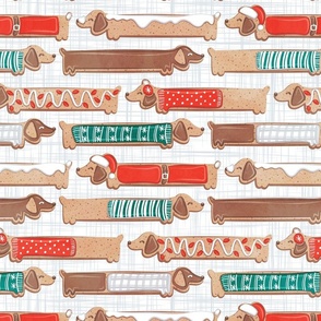 Normal scale // Sweet pawlidays! // white and grey linen texture background gingerbread cookie dachshund dog puppies wearing neon red and pine green Christmas and winter clothes