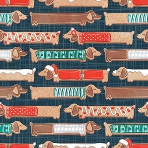 Small scale // Sweet pawlidays! // nile blue linen texture background gingerbread cookie dachshund dog puppies wearing neon red and pine green Christmas and winter clothes