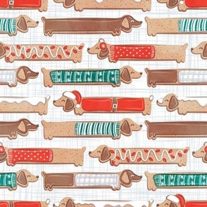 Small scale // Sweet pawlidays! // white and grey linen texture background gingerbread cookie dachshund dog puppies wearing neon red and pine green Christmas and winter clothes