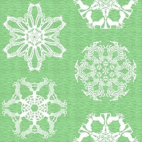 African Lion Leopard Zebra and Giraffe Snowflakes on Visually Textured Green