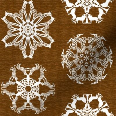 African Lion Leopard Zebra and Giraffe Snowflakes on Visually Textured Brown