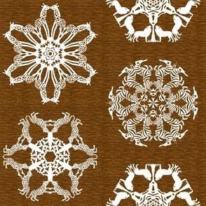 African Lion Leopard Zebra and Giraffe Snowflakes on Visually Textured Brown