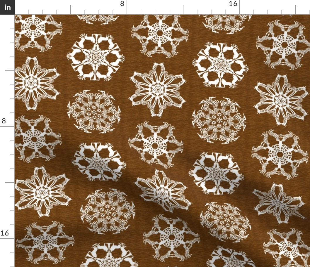 African Lion Leopard Zebra and Giraffe Snowflakes on Visually Textured Brown