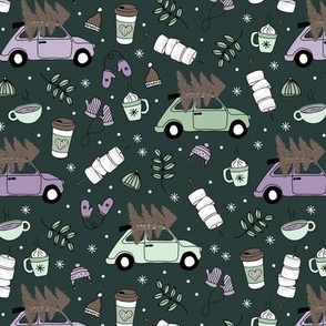 Driving home for Christmas cosy camping winter day mittens leaves and picnic drinks mint lilac on charcoal