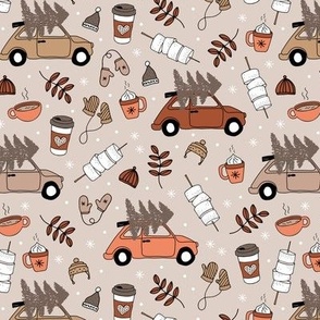 Driving home for Christmas cosy camping winter day mittens leaves and picnic drinks rust cinnamon beige seventies