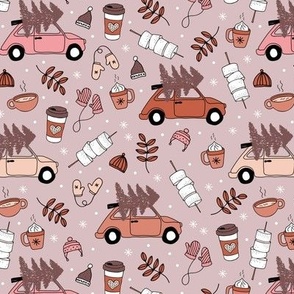 Driving home for Christmas cosy camping winter day mittens leaves and picnic drinks rust beige cinnamon on moody rose